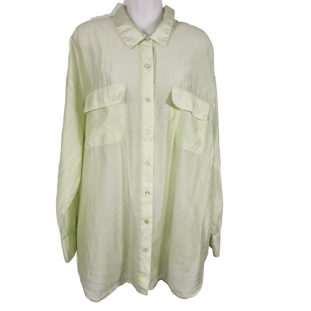 Bailey 44 Oversized Button Up Blouse Shirt Sheer Green XL Pockets Lyocell Blend